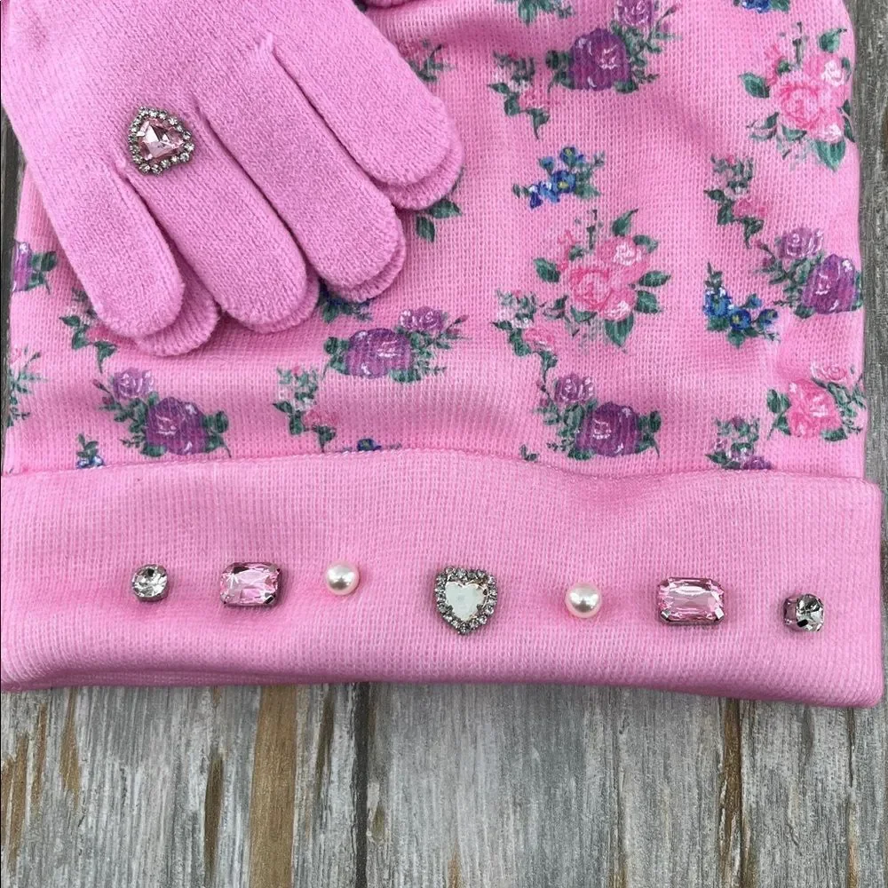 Pink Floral Rhinestone Jewel Hat and Gloves Set